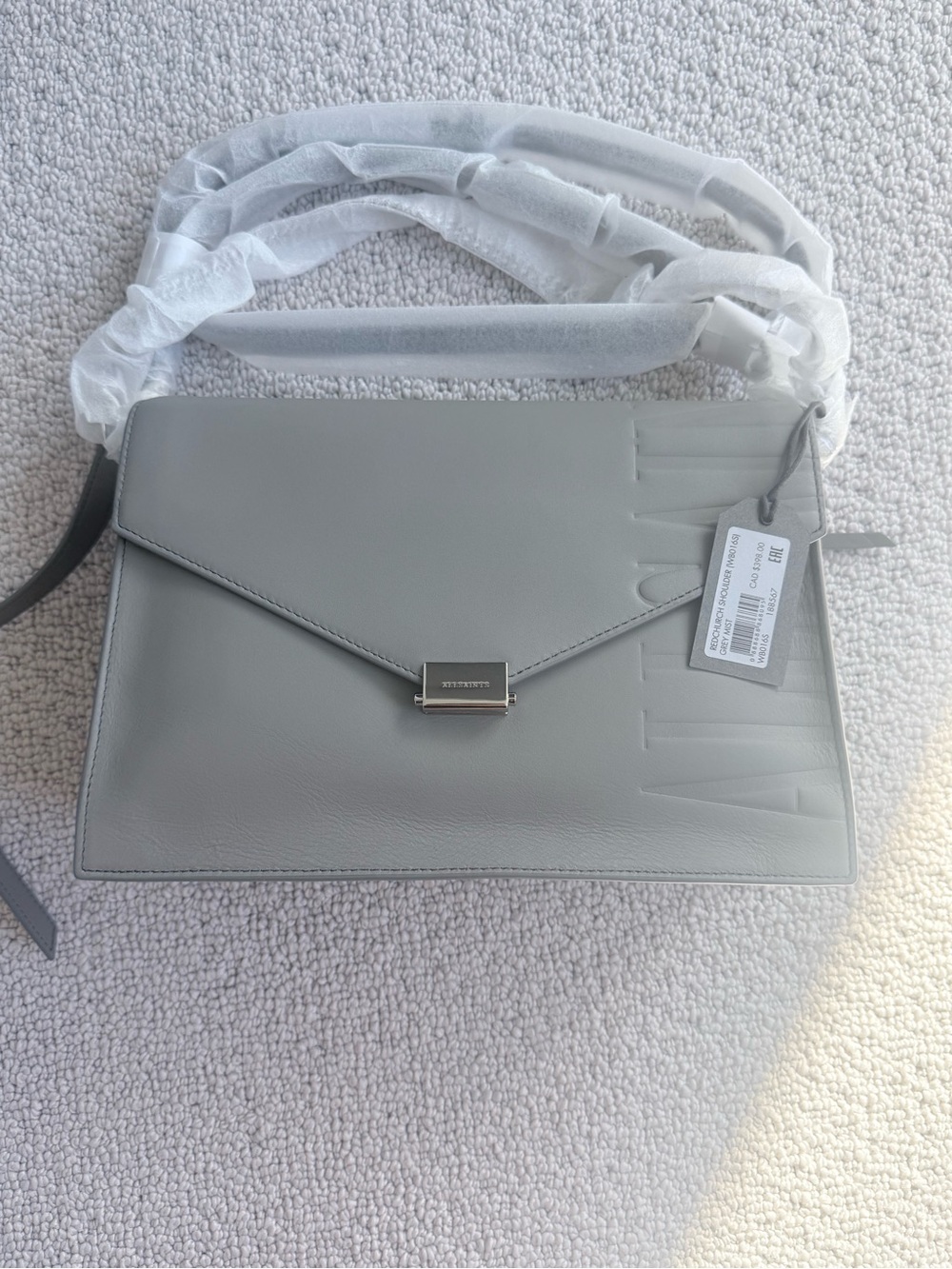 AllSaints Light Gray Leather Envelope Shoulder Bag